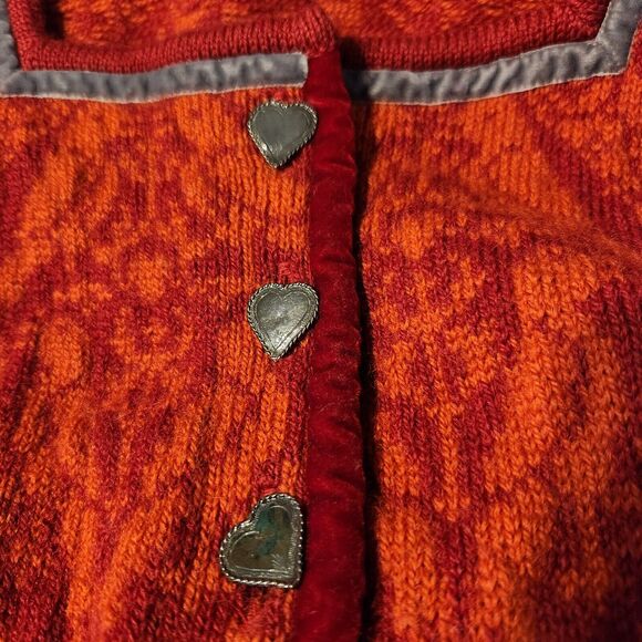 OLEANA $555 Large Norwegian Espeland Red Orange 100% Wool Heart Button Cardigan - Picture 6 of 9